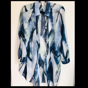 Chico’s Blue/Green/White Watercolor Sheer Blouse